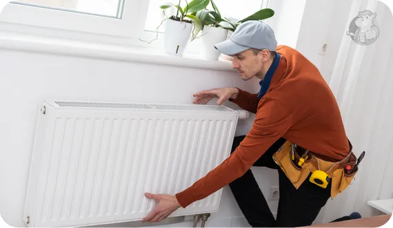 mężczyzna montujący grzejnik panelowy w mieszkaniu